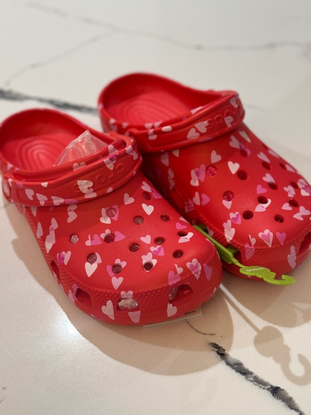 CROCS Kids Red Clogs with Pink & White Heart Print
